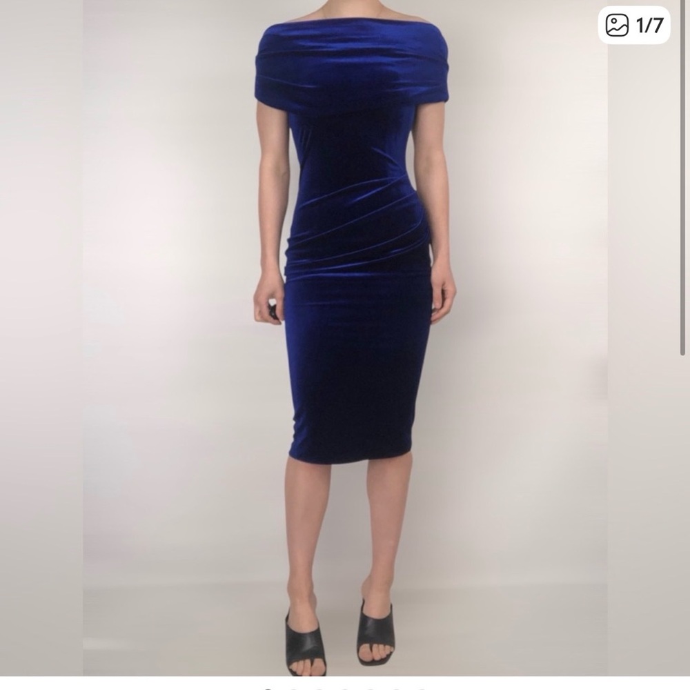 NADINE MERABI Royal Blue Velvet Midi Dress